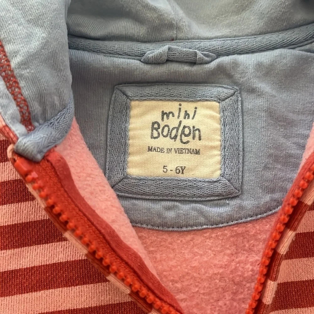 Mini Boden Zipper Hoodie Pink Red Striped Jacket Size 5-6 Y